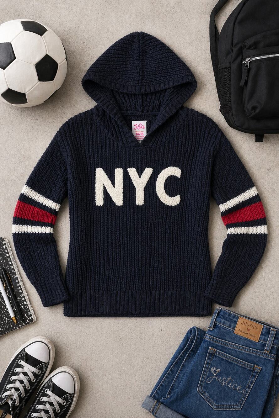 Justice NYC Knit Hooded Sweater Girls 14/16 Varsity Striped Navy New York City